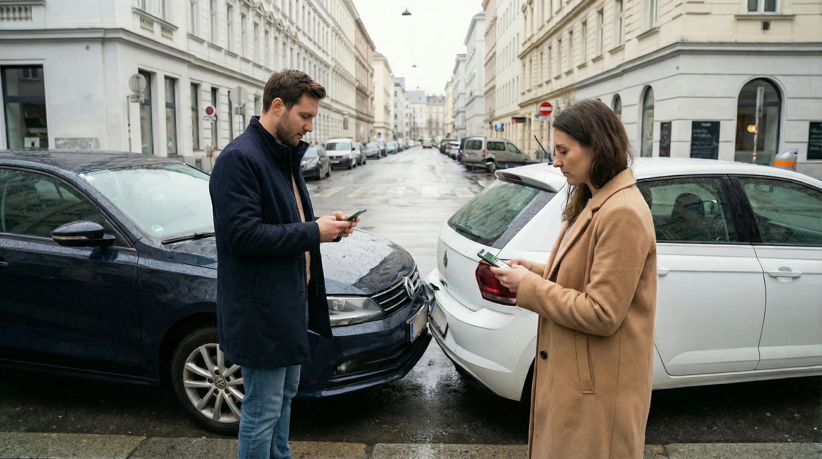 Zwei Unfallbeteiligte erfassen einen Bericht am Smartphone