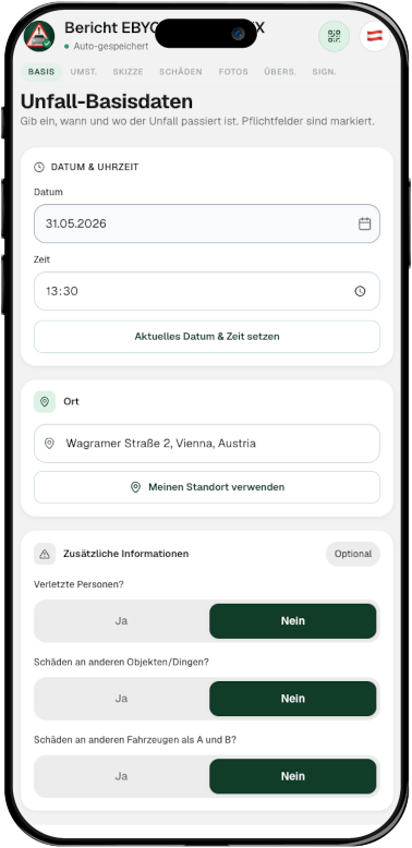 Unfallort, Datum und Zusatzinfos erfassen
