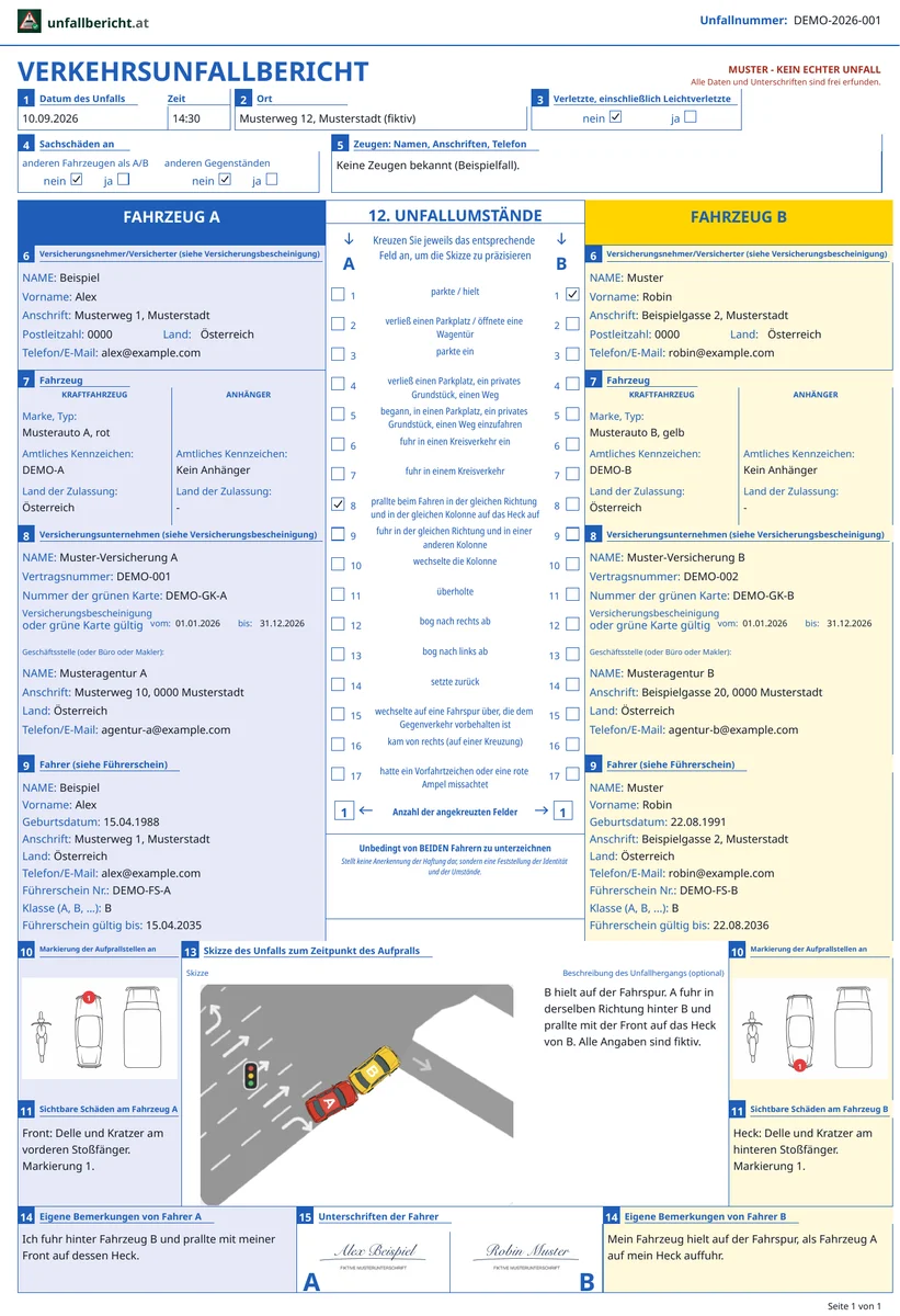 Beispiel eines fertigen Unfallbericht-PDF mit Demo-Daten