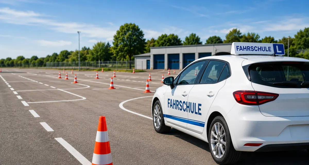 Fahrschulauto auf einem Übungsplatz mit Pylonen